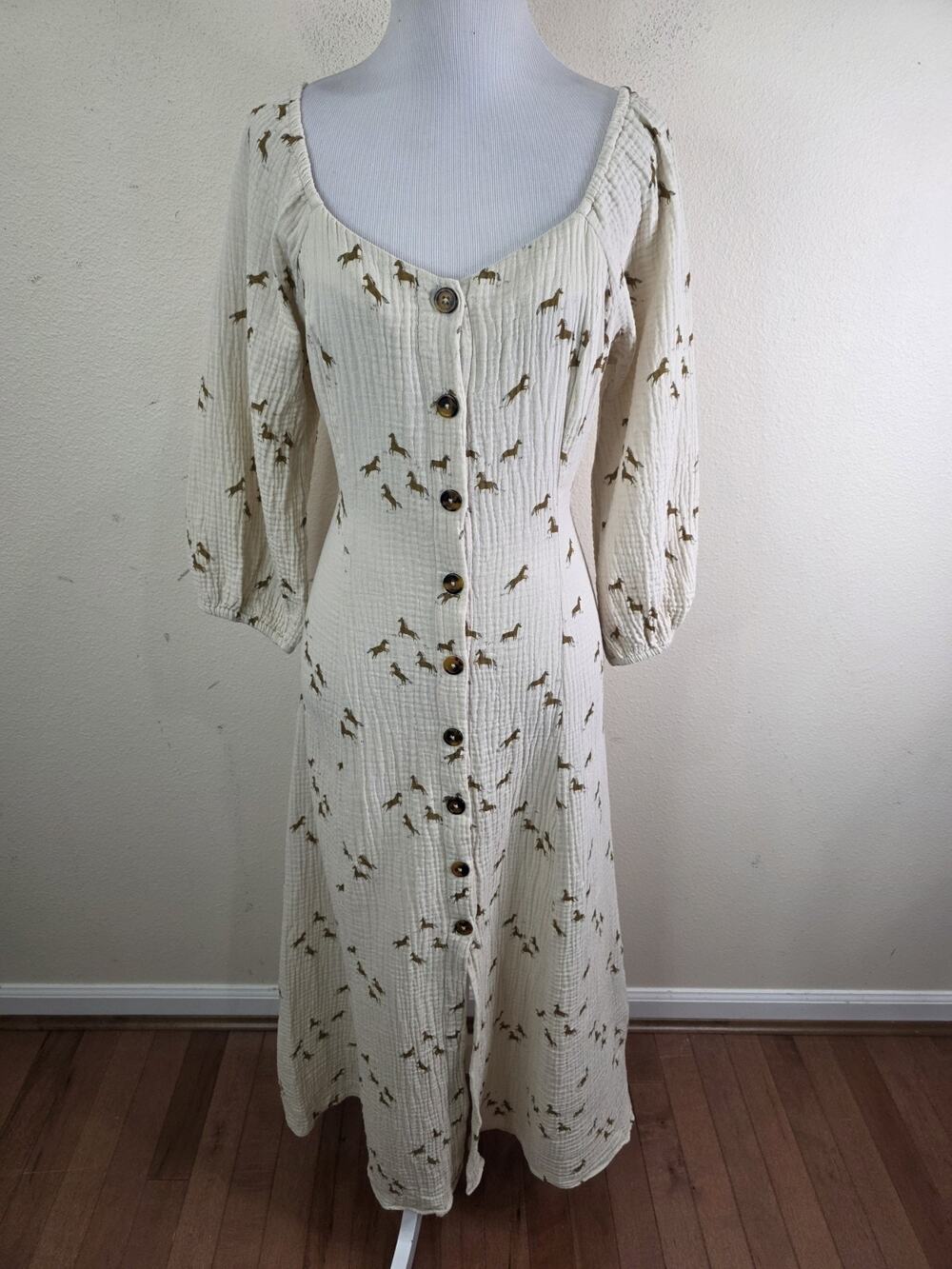 Rylee + Cru Women's Horse Print 100% Cotton Midi Dress Button Down Size Medium